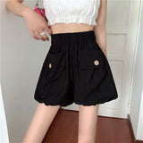 Znbbw Oversized Loose Bloomer Shorts Women Summer High Waist Korean Pocket Shorts Femme Solid Elastic Buttons Casual Bloomers