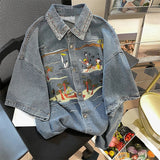 Znbbw Vintage Blouses Embroidery Turn Down Collar Short Sleeve Jean Shirts Summer Fashion All Match Tops Casual Women Clothes