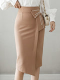 Znbbw Fashion Irregular Straight Skirts Women Elegant Pearls Beading High Waist Casual Midi Skirt Office Lady Wrap Hip Skirts