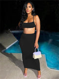 znbbw Sexy Knit Beach Two Piece Skirt Set For Women 2023 Summer Black Halter Top Skirt Set Sleeveless New In Matching Set