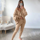znbbw Women Knitting Two Pieces Sweater Suit Hemp Flower V-Neck Single-Breasted Cardigan + Pants Lady Winter Casual Sweater Set