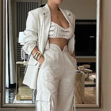 Znbbw Women Two Piece Set Autumn Fashion Solid Lapel Long Sleeve Loose Coat Top Casual With Pockets Cargo Pants Sets Streetwear
