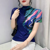Znbbw Summer Women Half Turtleneck Short Sleeve T Shirts Lady Elastic Tops Tees Female Basic Fashion Printing Mesh T-Shirt