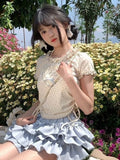 Znbbw Sweet Matching Sets Floral Heart Draw String Crop Tops High Waist Ruffles Mini Skirts Summer Y2k 2000s Girl Clothing