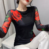 Znbbw S-3XL Girls Fixed Printing Mesh T-Shirts Tees Female Full Sleeve O Neck Stretchy Tshirt Black Tops Women 2024 Autumn