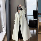 Znbbw Midi Wool Blends Coat Women Korean Thicken Long Bandage Jackets Oversized Lace Up Outwear White Cardigan Woolen Overcoat