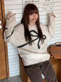 Znbbw Vintage Pullovers for Women Long Sleeve Bow Jacquard Autumn Winter Sweaters Design Aesthetics Loose All Match Clothing