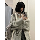 Znbbw Knitted Cardigan Women Harajuku Oversized Print Sweater Coat Streetwear V Neck Zipper Knitwear Korean Casual Jumpers Tops