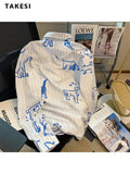 znbbw Street Style Striped Animal Print Loose Long Sleeve Single Breasted Shirt 2023 Summer Women's Casual Baggy Blouse Top