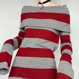 Znbbw Fairycore Grunge Striped Knitted Mini Dress for Women Autumn Off Shoulder Long Sleeve Bodycon Dress Y2k Aesthetic Clothes