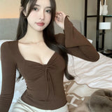 Znbbw Women's T-shirt Solid Square Neck Slim Fit Sexy Slim Fit Sweet Spicy Long Sleeve T-shirt Short Top