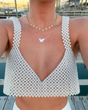 Znbbw Women Pearl Crop Top Fishnet Hollow Out Camisole Beach Holiday Cover-ups Chic Women Sleeveless Summer Matching Vest Korean