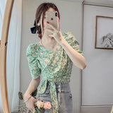 Znbbw Vintage Blouses V Neck Puff Sleeve Bandage Pleated Plaid Shirts Summer Female Slim Crop Top Chic All Match Women Clothes