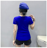 Znbbw Fake Diamonds O Neck T Shirts Crossed Hollow Out Summer Mesh Tops Lady Stretchy Slim Short Sleeve Chic Tshirt BH5067