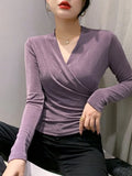 Znbbw Spring Crossed V Neck Folds T Shirts Lady Long Sleeve High Stretch Tops Elegant Soft Tee Shirt For Woman HF8705