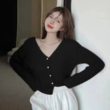 Znbbw Women's Sweater V-neck Temperament Short Style Solid Color Knitted Pearl Buckle Women's Top Sweater