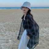 Znbbw Plaid Blouse Women Summer Thin Loose All-Match Sun Protection Tops Female Korean See Through Vintage Buttons Shirts