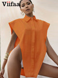 Znbbw Novelty Tops Sexy Cut Out Side Button Up White Shirt Women Fashion Clothing Sleeveless Oversized Shirts