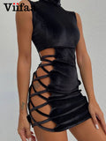 Znbbw Mock Neck Hollow Out Side Sexy Night Club Outfit Women Sleeveless Summer 2023 Bodycon Velvet Short Dresses