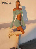 znbbw Green Drawstring Ruched 2 Piece Sets For Women Sexy Tie Front Top And Skirt Fashion Outfits Matching Sets Clothes Skirt
