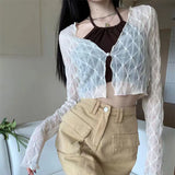 Znbbw Thin Sun Protection Cardigan Women Korean Loose V-neck Lace Crop Tops Y2K Ladies Fashion Argyle All-match Cardigan New