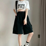 Znbbw Thin Cargo Shorts Women Y2K Loose Fashion Drawstring Pocket Shorts Bf Baggy Korean Streetwear Wide Leg Knee-Length Pants