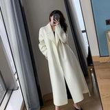 Znbbw Midi Wool Blends Coat Women Korean Thicken Long Bandage Jackets Oversized Lace Up Outwear White Cardigan Woolen Overcoat