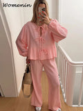 Znbbw Print Women's 2-piece Pants Set Lace Up Lantern Sleeve O-neck Top Loose High Waist Pant 2024 Spring Lady Casual Outfits
