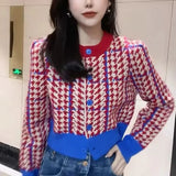 Znbbw Goods Colored Thousand Birds Knit Cardigan Women 2024 Autumn And Winter New Round Neck Fashion Retro Short Sweater Tops