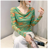 Znbbw Spring Summer Double-Layer Mesh Top Long Sleeve Printing T-shirt Woman Slim Fitting Tee For Female