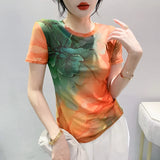 Znbbw Located Printing Floral Mesh Top Women O Neck Short Sleeve T Shirts Lady Elegant High Stretchy Tee T-Shirt
