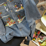Znbbw Vintage Blouses Embroidery Turn Down Collar Short Sleeve Jean Shirts Summer Fashion All Match Tops Casual Women Clothes