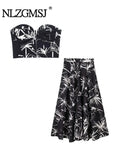 Znbbw TRAF Print Pleated Skirt Sets Black Long Skirts for Women High Waist Maxi Skirt Women Summer Cape Skirts Woman
