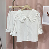 Znbbw Doll Collar Shirts Shorts Women 2 Piece Sets Loose Puff Sleeve Single Breasted Blouses Ruffles Short Pants 2024 Summer