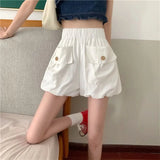 Znbbw Oversized Loose Bloomer Shorts Women Summer High Waist Korean Pocket Shorts Femme Solid Elastic Buttons Casual Bloomers