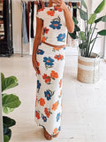 Znbbw Floral 2Pieces Dress Sets Summer Women Top Skirt Suits Elegant Fashion Backless Short Sleeve T-shirts+Wrap Long Skirts