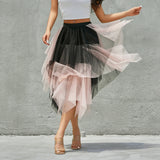 Znbbw High Waist Mesh Tulle Irregular Skirts Women Patch Color Ruffles Multi-Layered Tutu A-Line Midi Skirts Streetwear