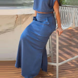 Znbbw Women Two Piece Set Fashion Solid Short Sleeve Crew Neck Top Casual High Waist With Pockets Skirt Sets High Streetwear