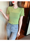 Znbbw Sheath T Shirts Summer Women New Elegant Short Sleeve Crop Tops Girls Solid See-through Mesh Tee T-shirt