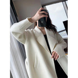 Znbbw Midi Wool Blends Coat Women Korean Thicken Long Bandage Jackets Oversized Lace Up Outwear White Cardigan Woolen Overcoat