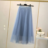 Znbbw Women Elegant Solid Tulle Skirt Fashion Korean Mesh Pleated A Line Skirt Lady Summer Chic High Waist All-Match Party Midi Skirts
