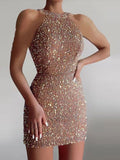 Znbbw Sleeveless Off Shoulder Sequin Mini Dress Women Fashion Halter Skirt Female Elegant O-neck High Waist Dresses