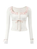 Znbbw Women's Sweet Slim Crop Tops Solid Color Lace Patchwork Long Sleeve U-Neck Front Button Tops Streetwear