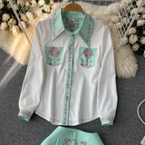 Znbbw Sweet Two Piece Set Women Turn Down Neck Long Sleeve Floral Print Chiffon Shirt Top+Irregular Vintage Mini Skirt Suit