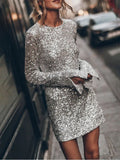 Znbbw Long Sleeve Sequin Mini Skirt for Women Elagant Slim Backless Short Dresses Autumn Spring Lady Solid Sexy Party Skirts
