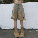 Znbbw Women Vintage Hole Denim Shorts Y2K Hip Hop High Street Jeans Shorts Bf Summer Baggy All Match Wide Leg Short Pants