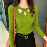 Znbbw Autumn and Winter Women's Slim Stretch Sexy Pullover Hollow Solid Color Sweater Slim Bottoming Shirt Sweater Ladies