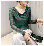 Znbbw Spring Summer Double-Layer Mesh Top Long Sleeve Printing T-shirt Woman Slim Fitting Tee For Female