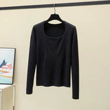 Znbbw Autumn Long Sleeve Knitted Sweater Pullovers Girls Square Collar Tops Jumpers Women Base Jumper Slim Knitwear