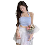 Znbbw Women's Plaid Tank Top With Lace Up Slim Fitting Navel Exposed Tank Top